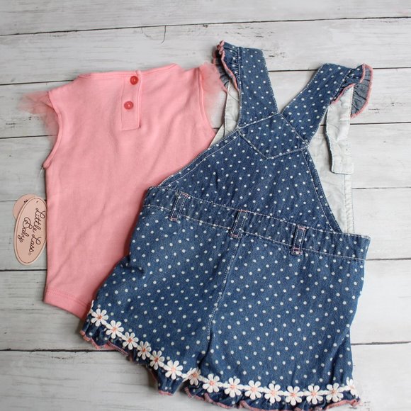 Little Lass Baby Girl Denim Blue Bib Overall Shorts Top Set Size 12 Mo - Picture 4 of 4